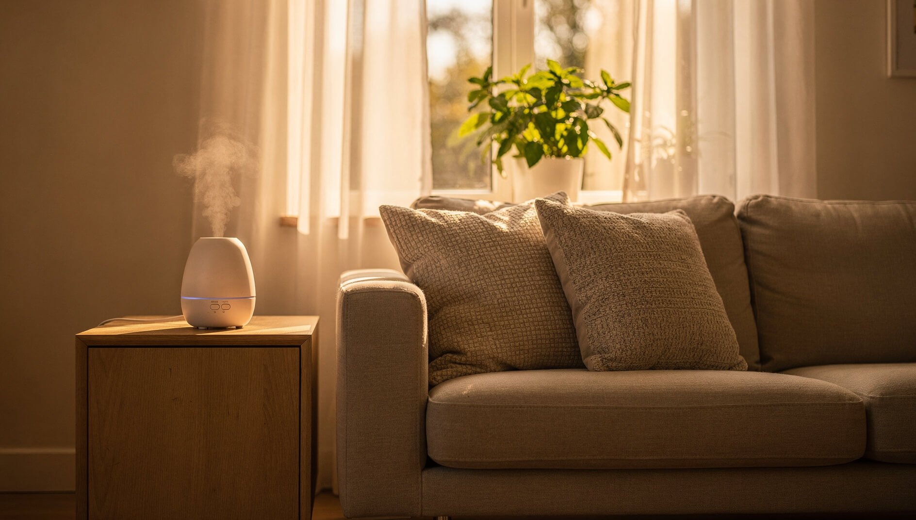 Using an essential oil diffuser to repel spiders in a cozy living room