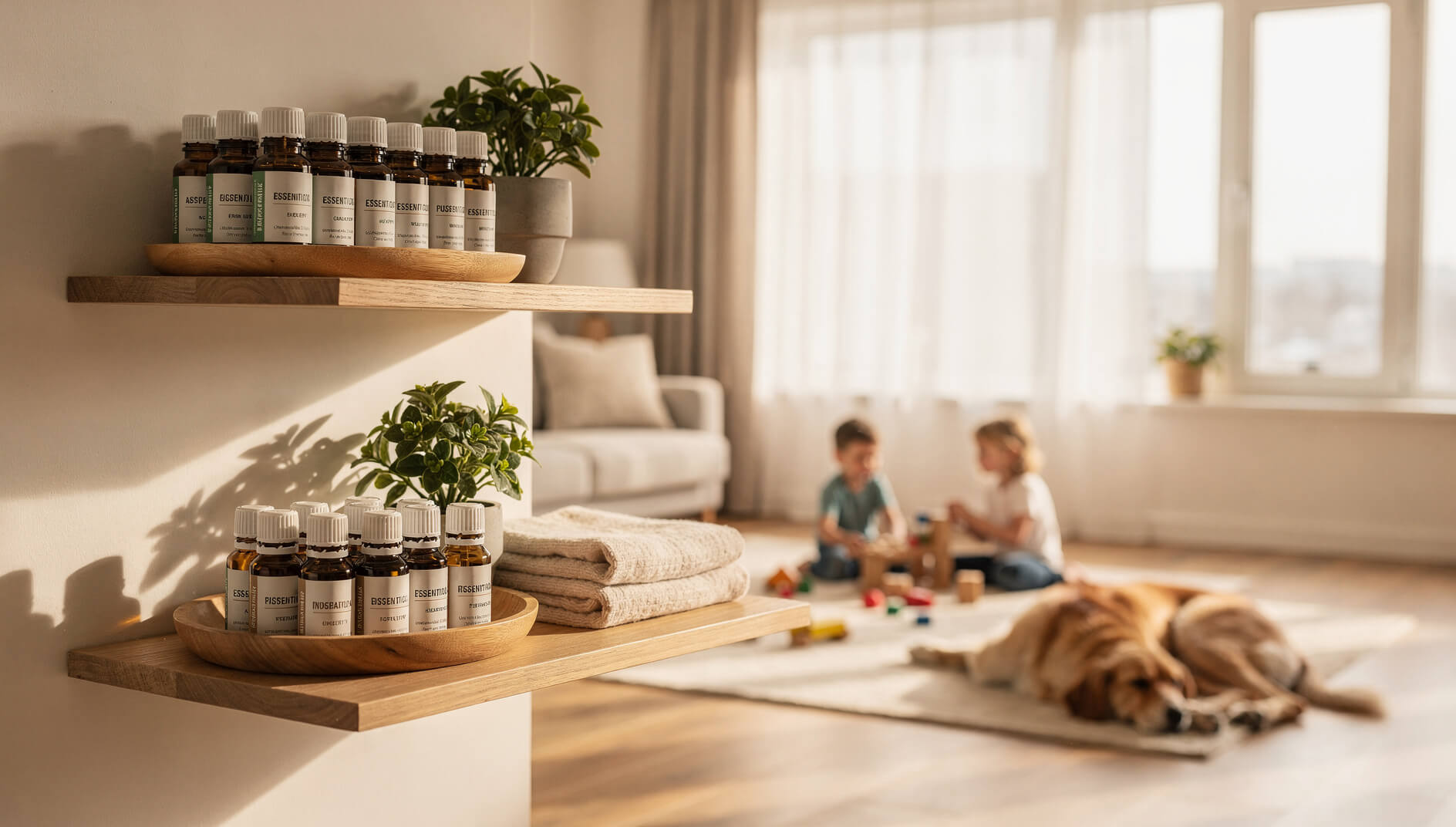 Safe essential oil usage with family and pets in modern living room