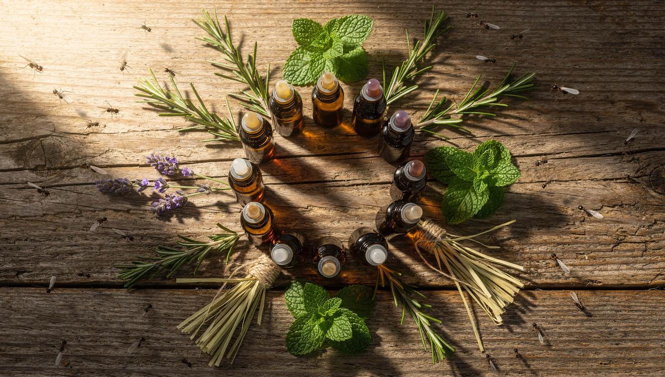 Essential oils bottles arranged with fresh herbs for natural bug repellent