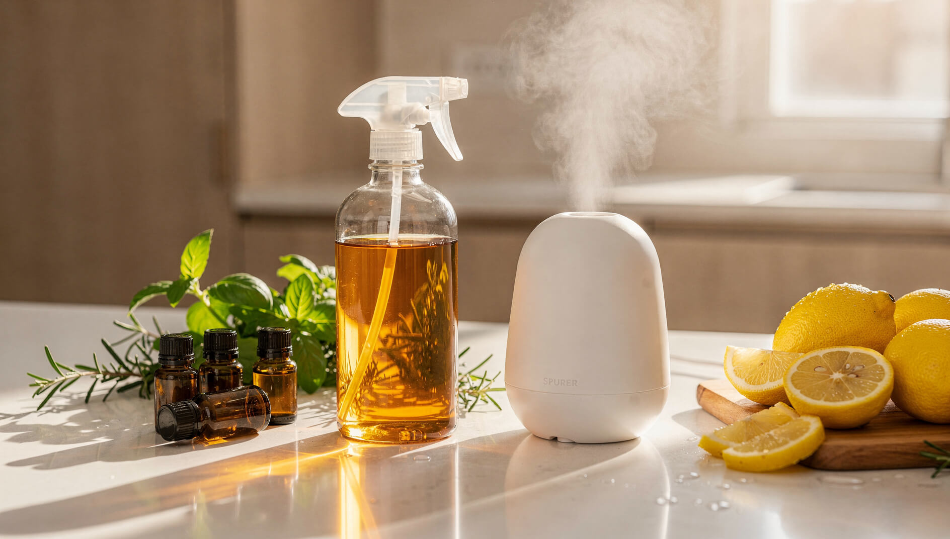 Essential oil spray bottle and diffuser on kitchen counter for bug repellent