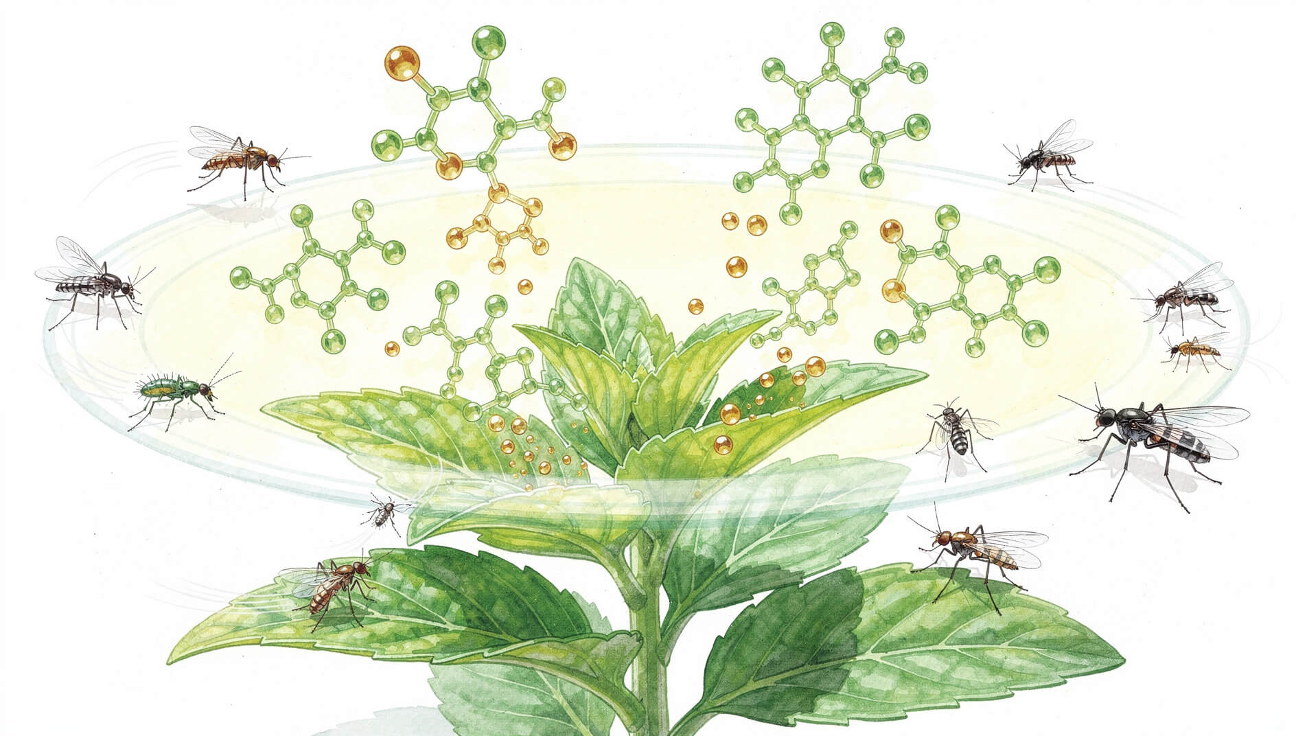 Botanical illustration showing how essential oil compounds repel insects