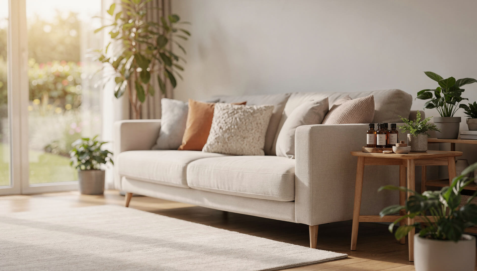 Bright modern living room with essential oils creating a bug-free atmosphere