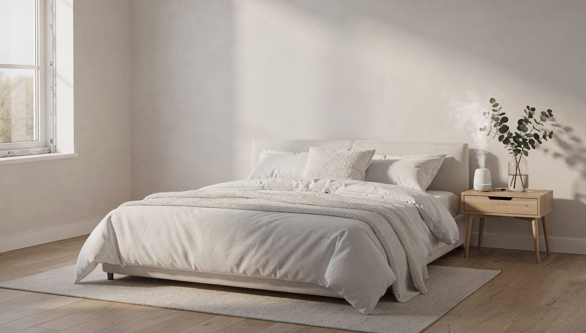 Bedroom spider prevention strategy with essential oil diffuser on nightstand