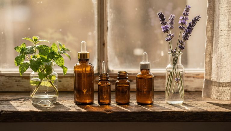Essential oils for spider repellent with peppermint and lavender on windowsill
