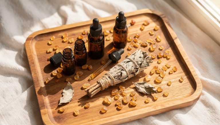 Frankincense resin and essential oil bottles in a serene wellness setting