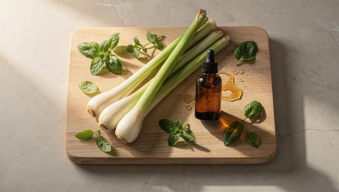 Fresh lemongrass stalks and amber essential oil bottle on wooden surface