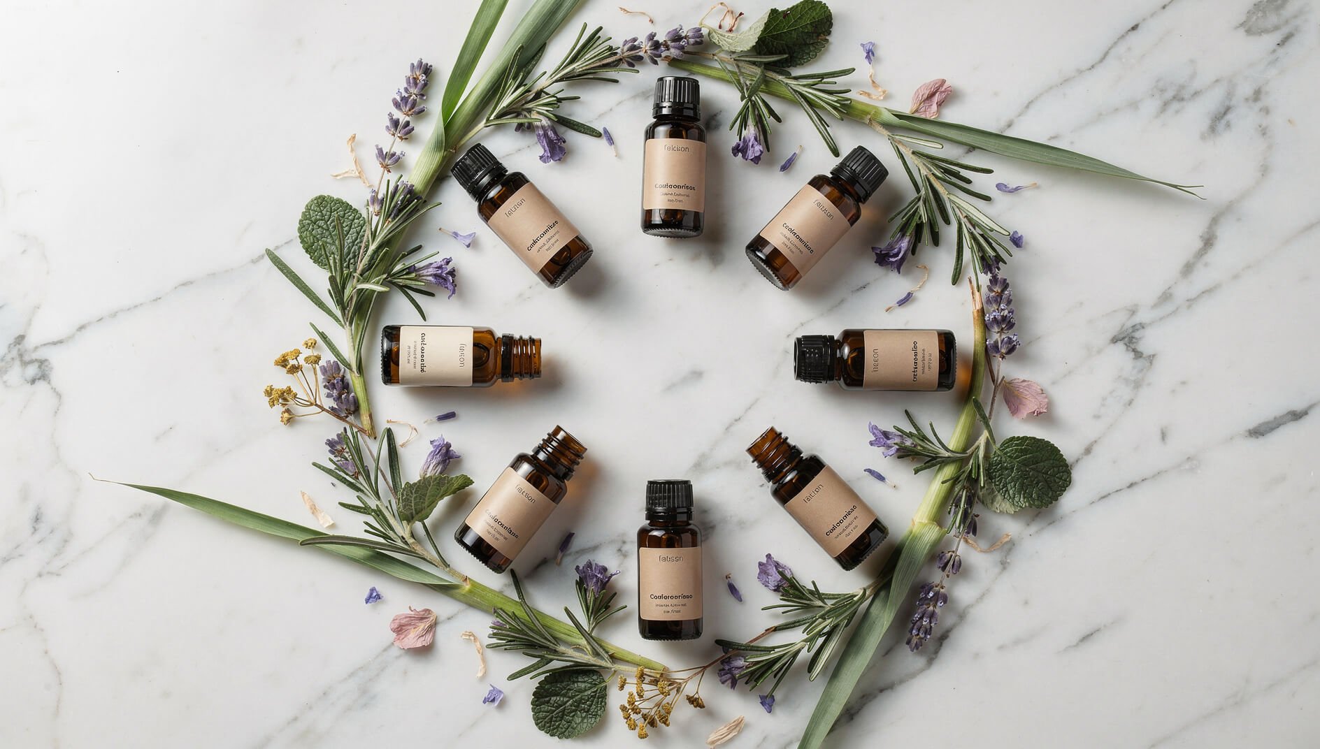 Amber essential oil bottles arranged with fresh herbs including lemongrass