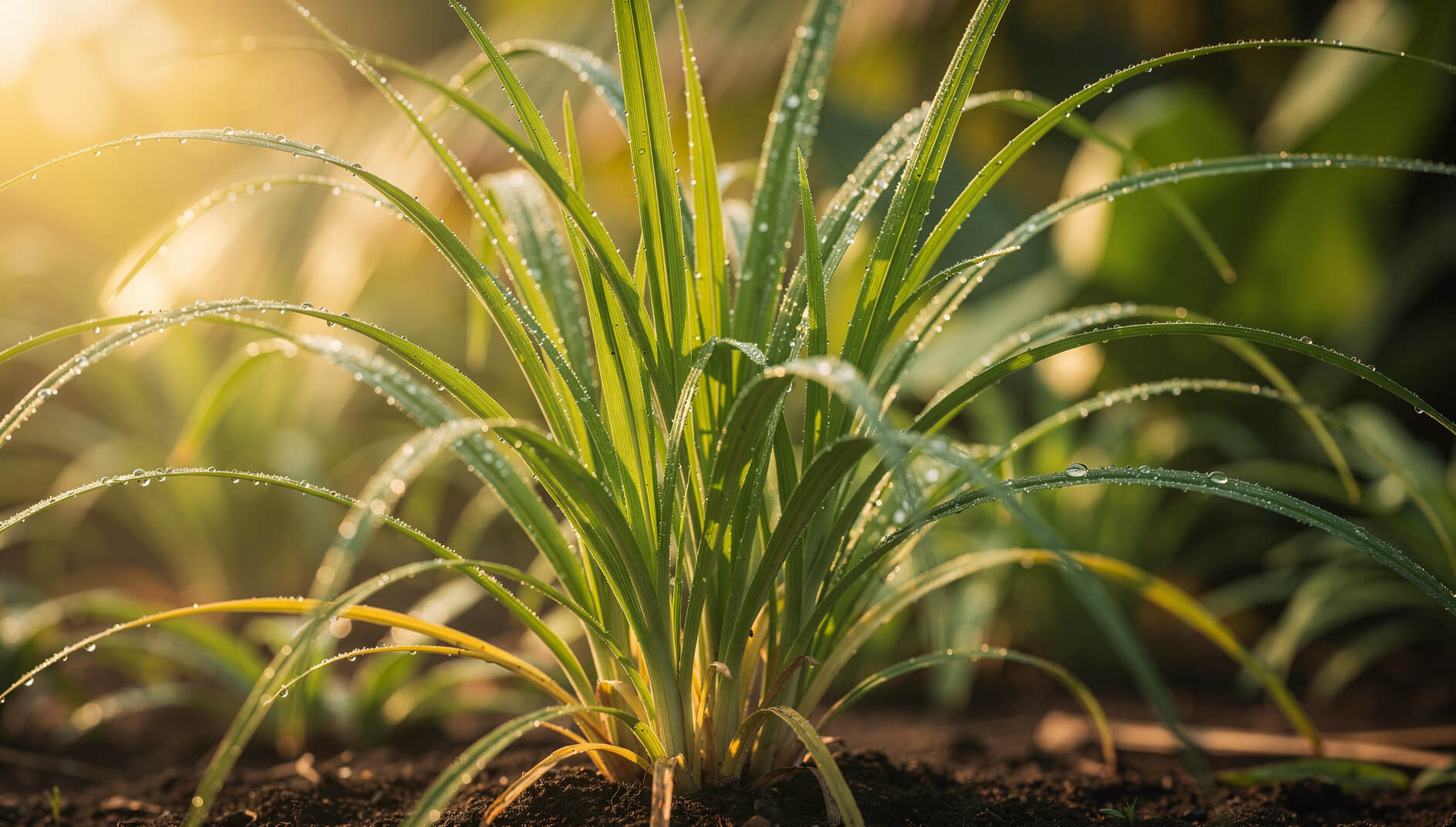 Fresh lemongrass plant growing in tropical garden with morning dew