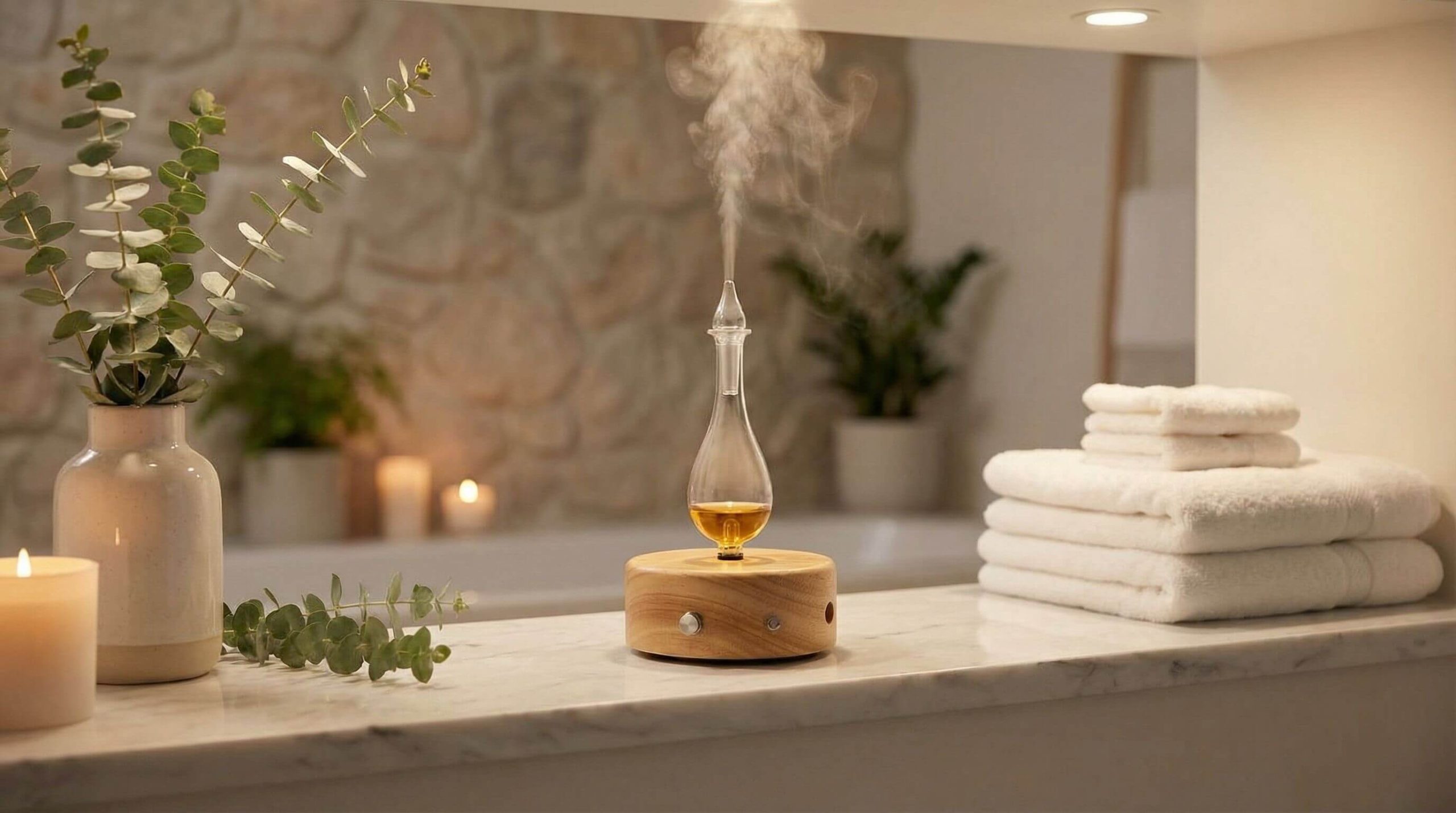 Organic Aromas nebulizing diffuser producing pure undiluted essential oil mist in a spa-like bathroom