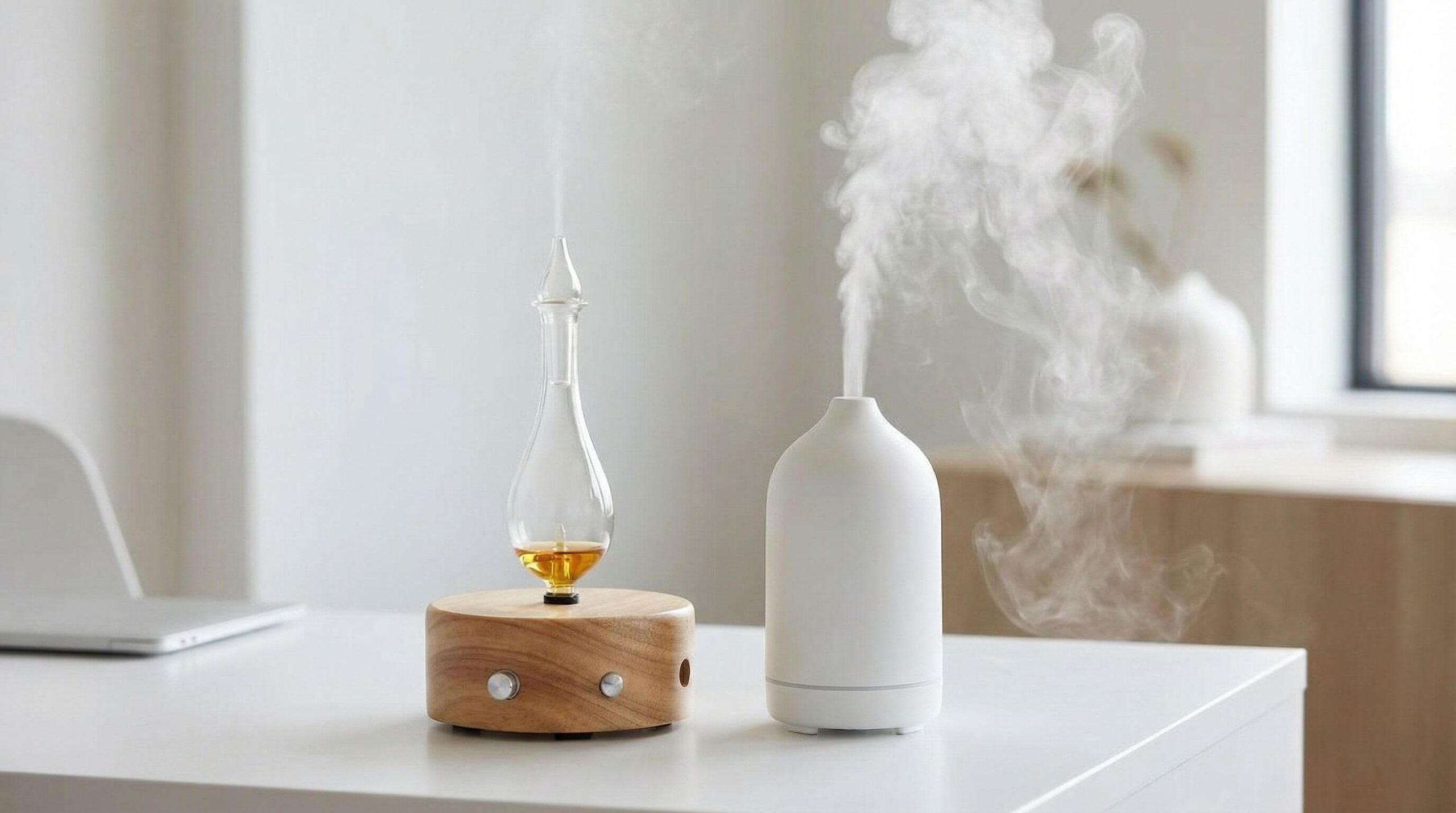 Nebulizing diffuser vs ultrasonic diffuser side by side comparison showing pure essential oil mist vs water vapor
