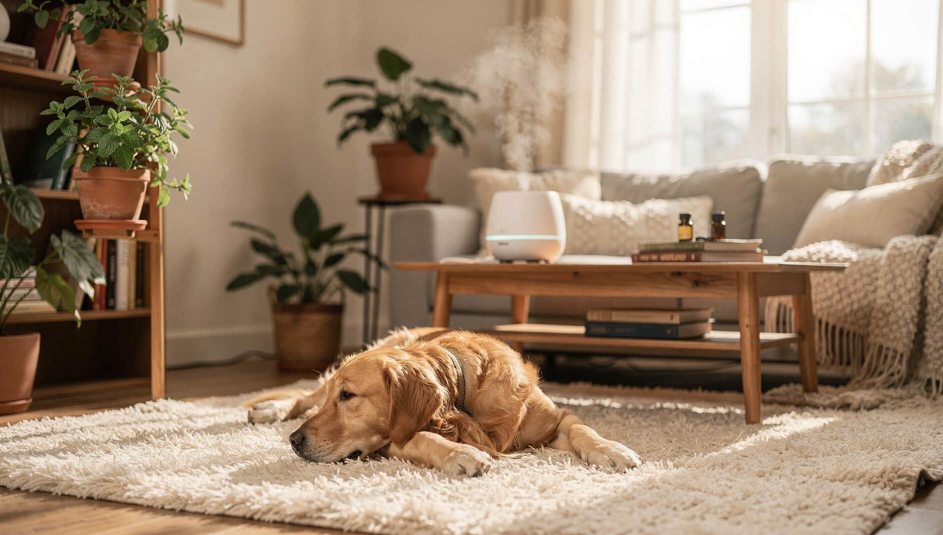 Pet-safe essential oil spider repellent with diffuser on high shelf away from dog