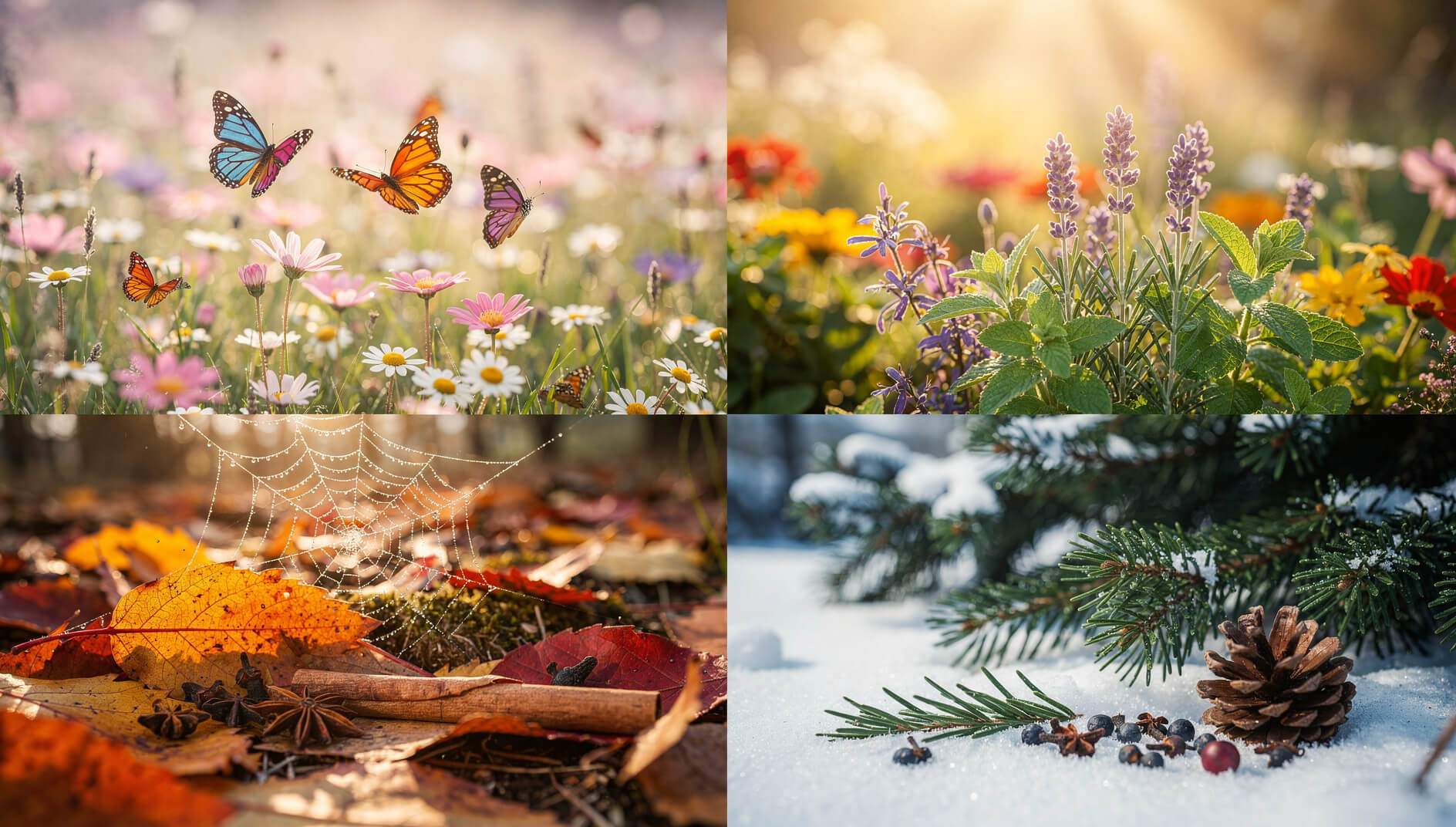 Four seasons nature scene representing seasonal bug repellent strategies