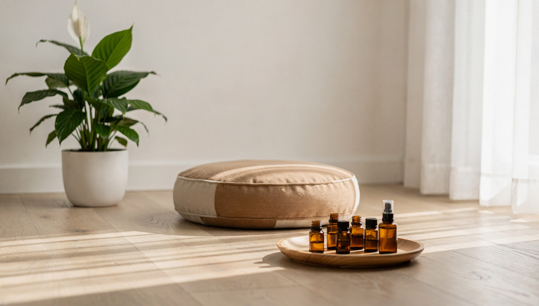Serene meditation corner with essential oils and soft morning light