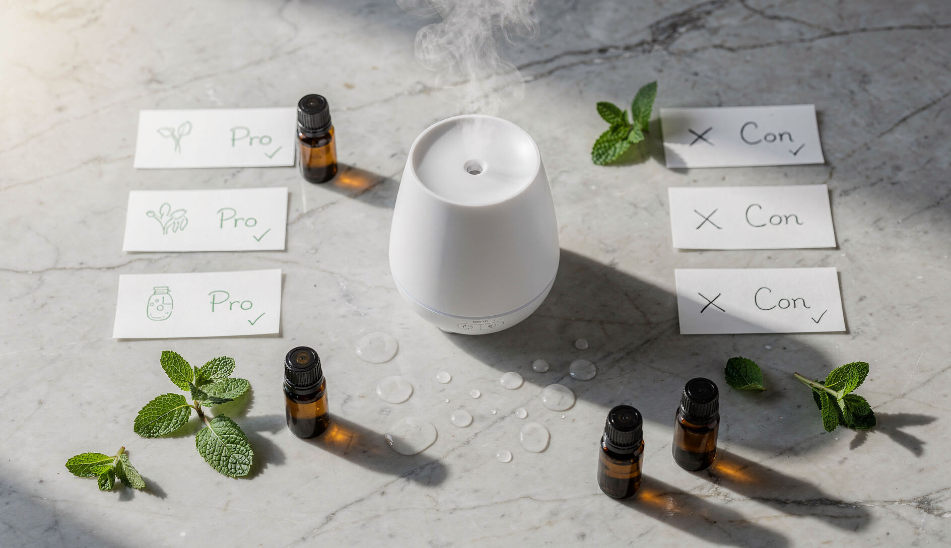 Ultrasonic essential oil diffuser with mist rising surrounded by essential oil bottles and fresh herbs