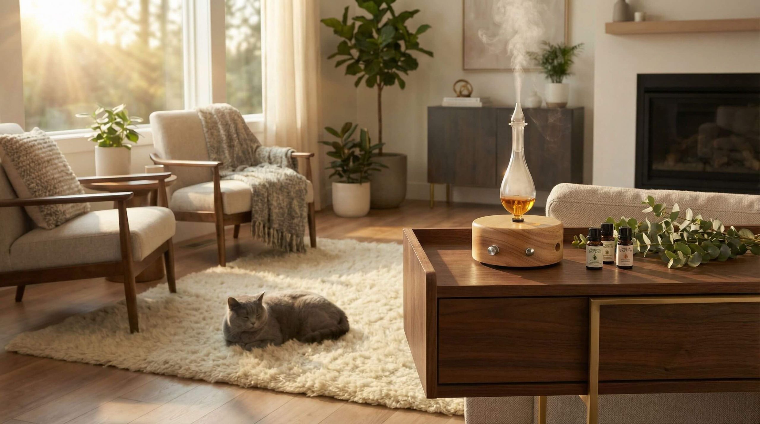 Organic Aromas nebulizing diffuser for essential oils in an elegant living room with essential oil bottles and eucalyptus