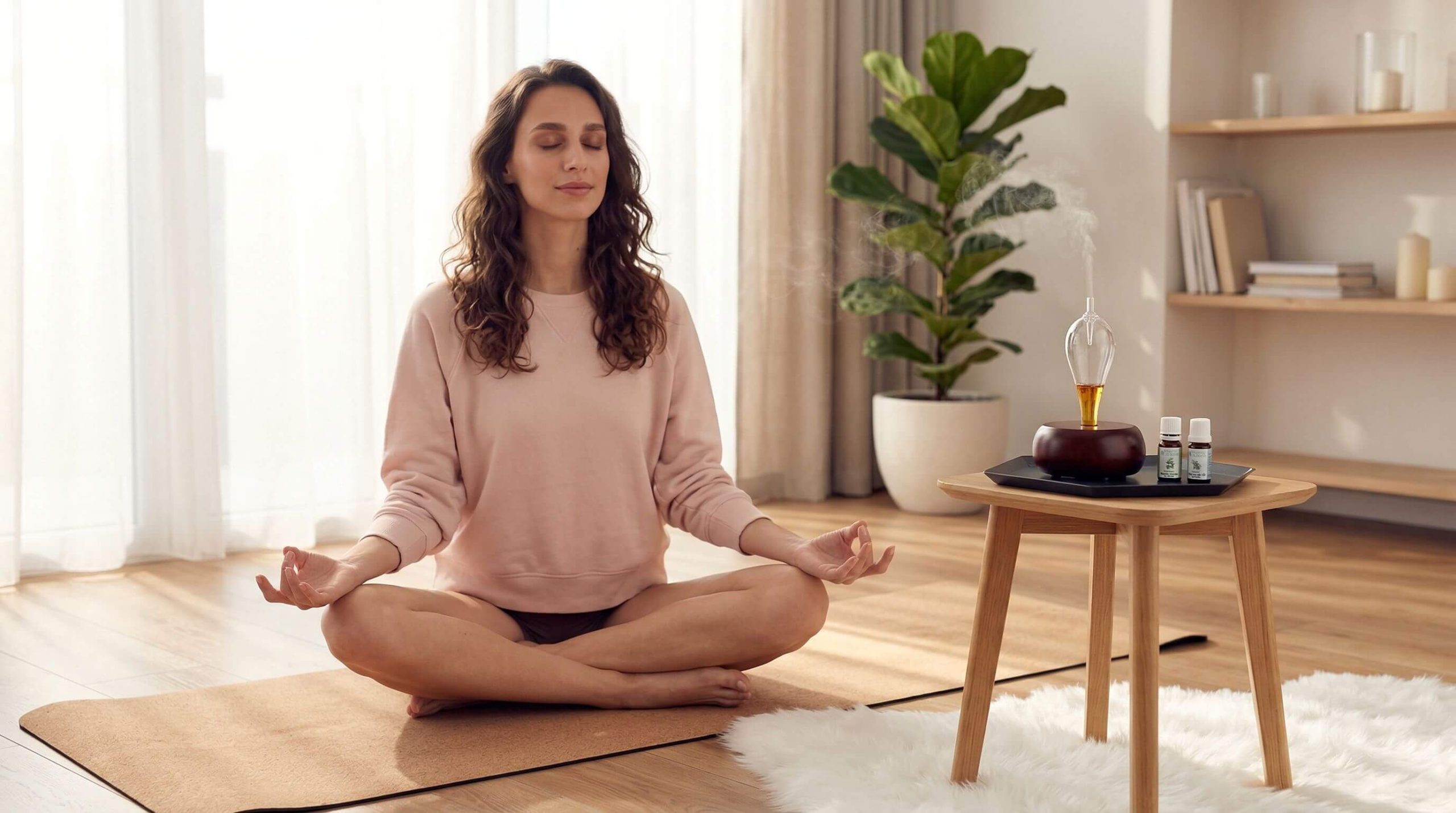 Woman using Radiance nebulizing diffuser with anti-inflammatory essential oils during meditation
