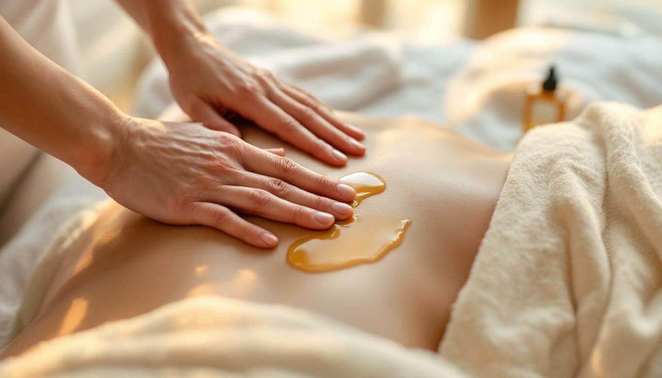 aromatherapy massage with golden essential oil on relaxed skin