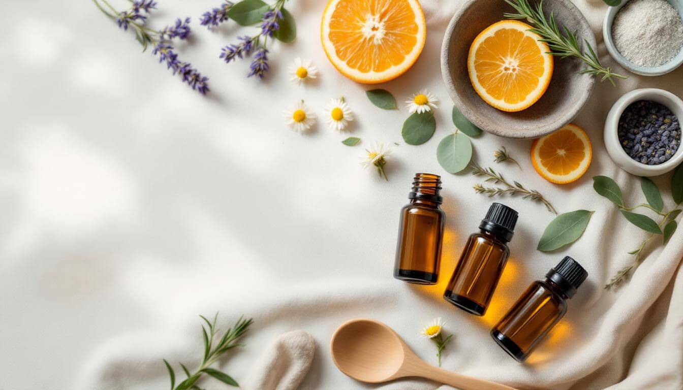 amber glass essential oil bottles with lavender, sweet orange, and eucalyptus for aromatherapy massage