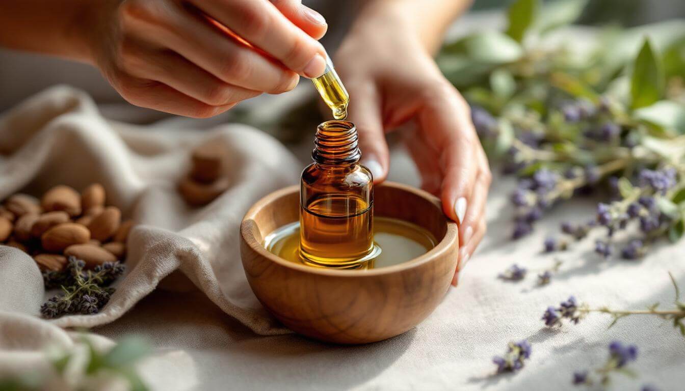 hands blending essential oils into carrier oil for aromatherapy massage