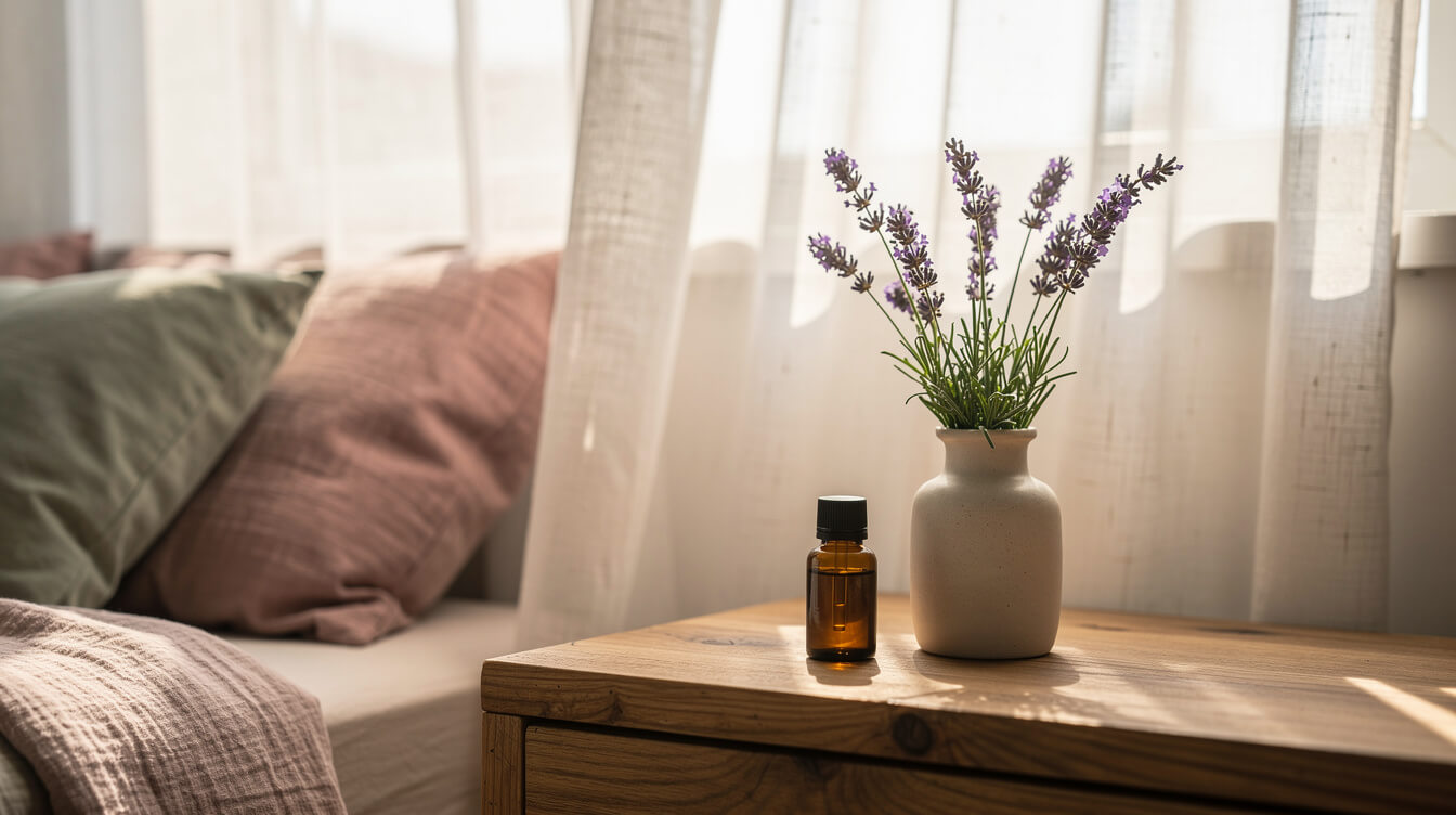 essential oils for bee sting comfort, lavender sprigs in a ceramic vase, amber glass essential oil bottle on a real wood nightstand in a sunlit bedroom