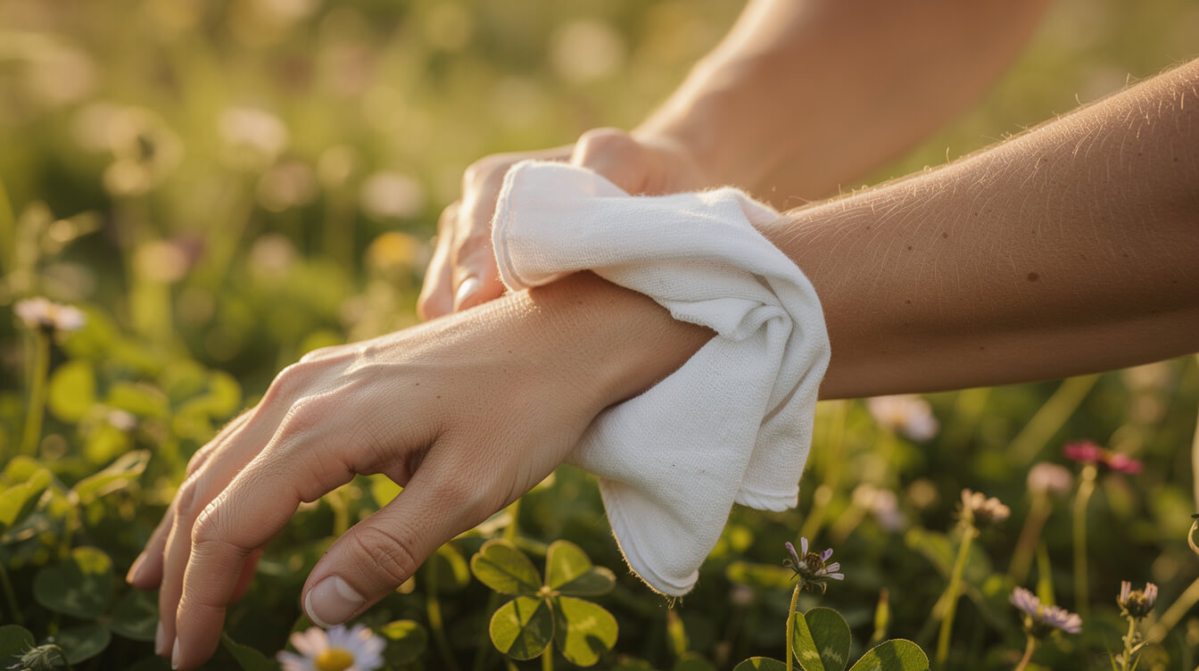 natural bee sting remedy field protocol, calm hands dabbing a cool cloth on a forearm in a summer garden