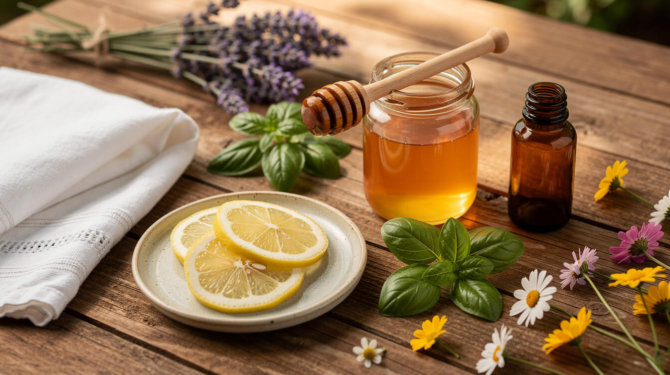natural bee sting remedy pantry soothers, raw honey jar, lavender sprigs, basil leaves, and a small amber glass essential oil bottle on a sunlit wooden table
