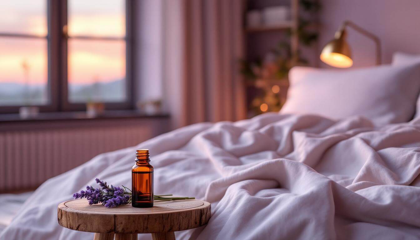 calm warm bedroom scene with lavender essential oil bottle on the bedside table for restful sleep aromatherapy
