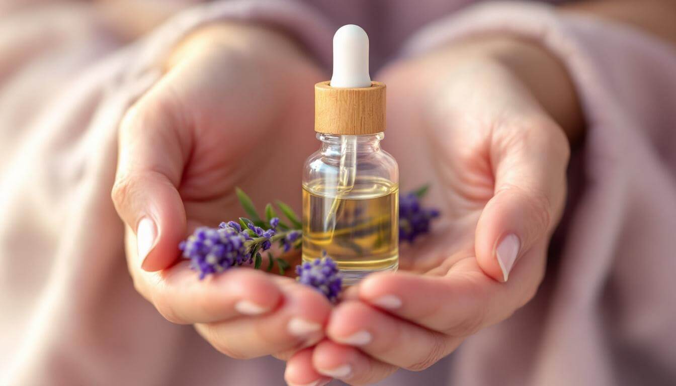 soft hands holding a small dropper bottle of lavender essential oil and a fresh sprig of lavender in warm morning light