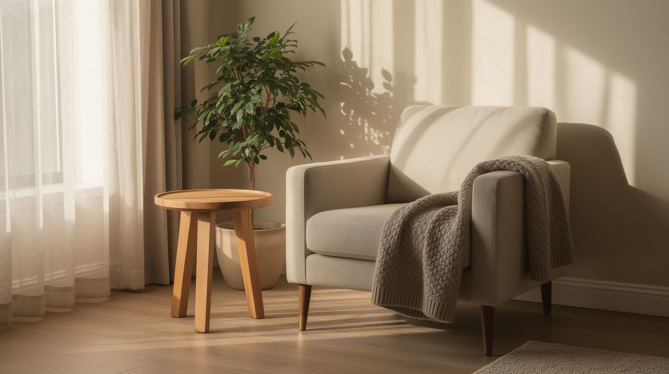 Calm room setting where a waterless diffuser for essential oils belongs