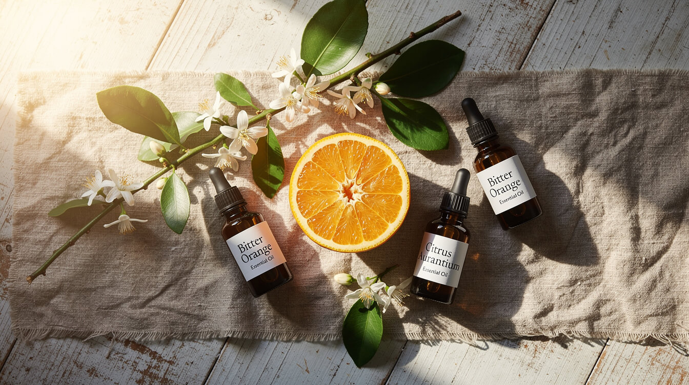 Flat lay of bitter orange branches with white blossoms, fresh leaves, halved orange fruit, and three amber essential oil bottles on rustic wood and linen