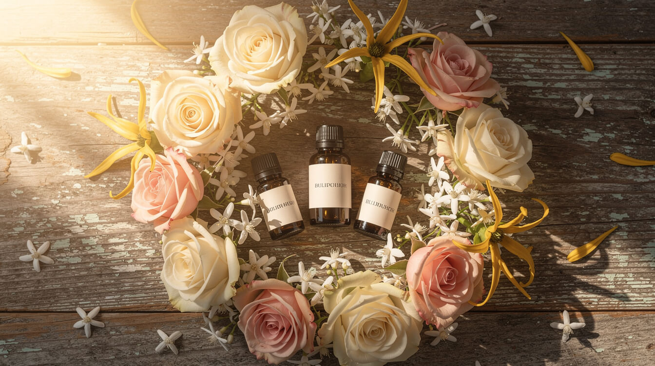 Overhead flat lay of three amber glass essential oil bottles surrounded by fresh roses, jasmine, and ylang ylang flowers on a rustic wooden table