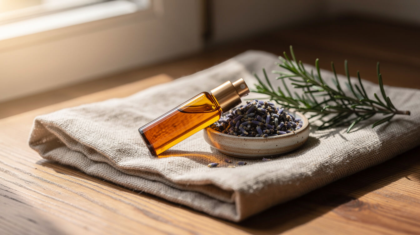 diluted essential oil roller bottle and dried lavender