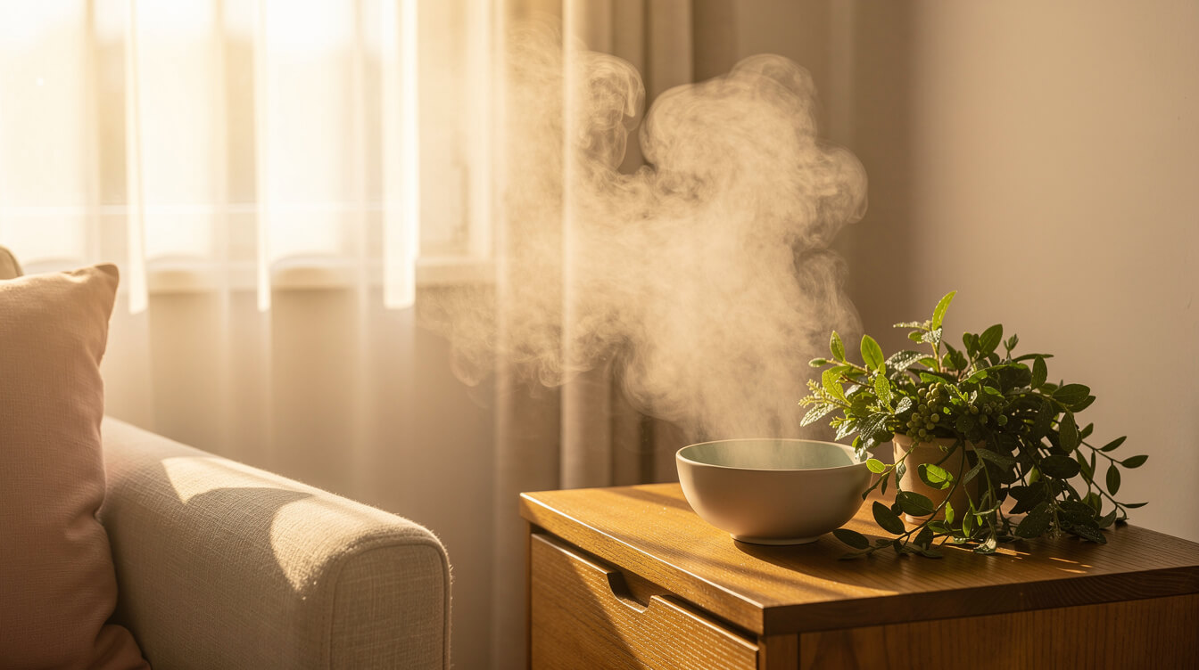 soft aromatic mist drifting through a calm sunlit room