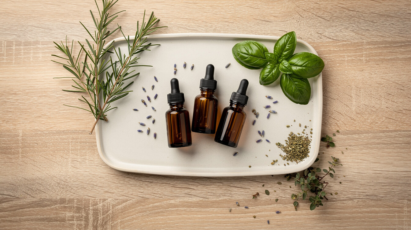 amber essential oil bottles with tea tree, basil, and lavender botanicals