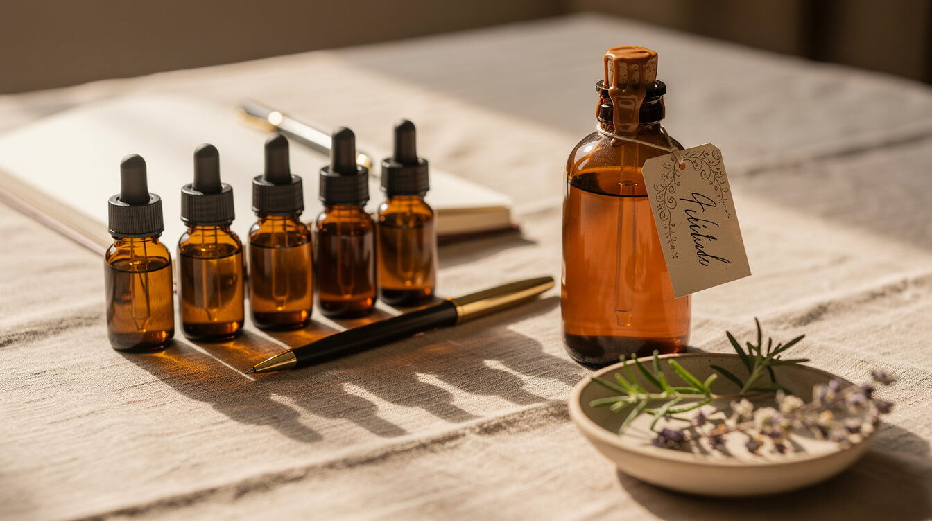 pure essential oils next to a pre-mixed synergy blend bottle