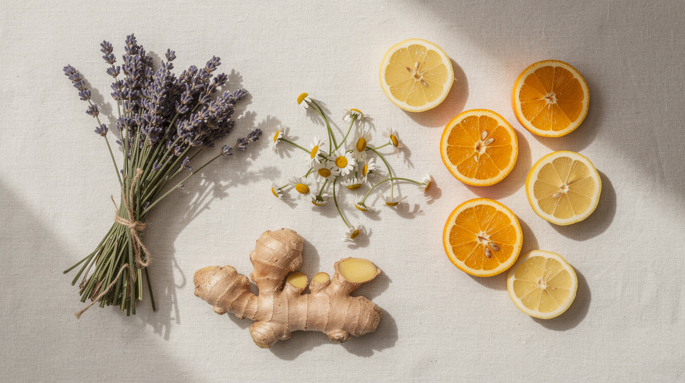 fresh lavender citrus chamomile and ginger botanicals on linen