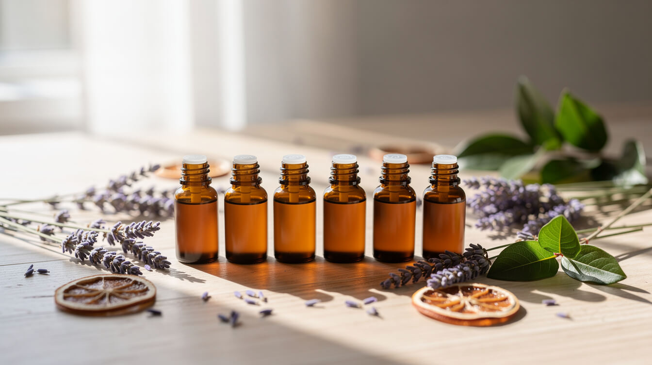 non toxic essential oils in amber glass bottles with fresh botanicals