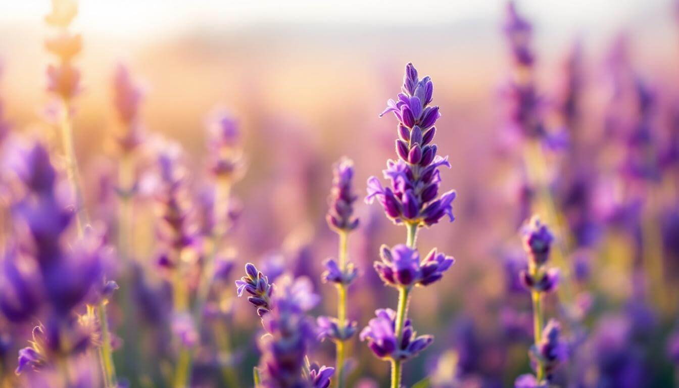 benefits of lavender oil: macro botanical view of Lavandula angustifolia blooms in a golden-hour Provence field