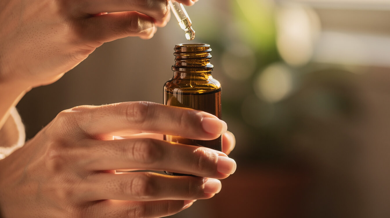 Pure essential oil bottle held in soft light, the kind of oil a waterless diffuser for essential oils needs