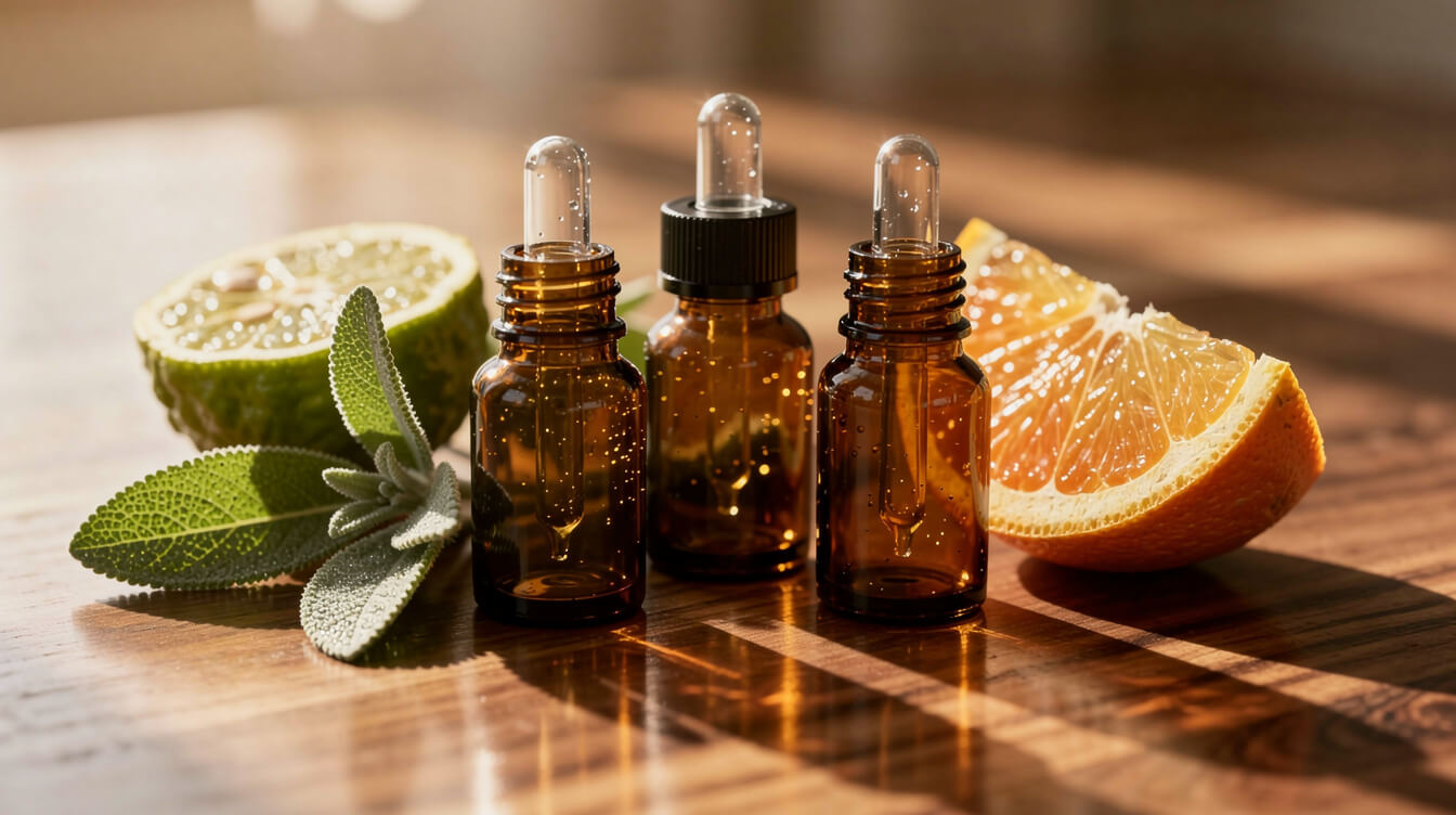 relaxing essential oils for diffuser arranged with bergamot, clary sage, and sweet orange in 6pm golden hour light