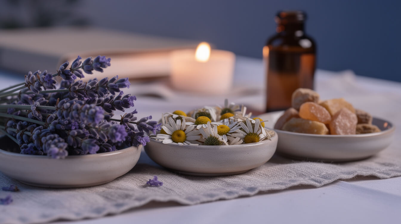lavender chamomile and frankincense essential oils with twilight blue and candle glow lighting