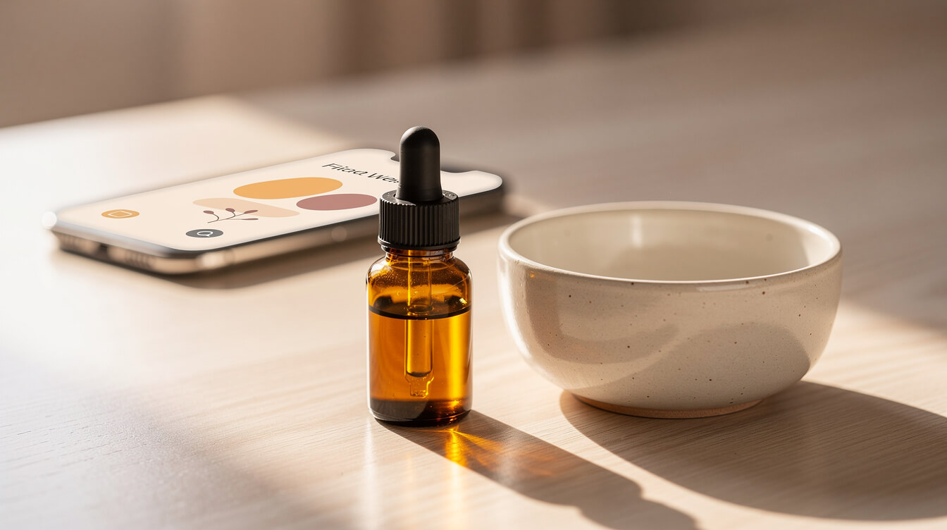essential oil bottle and ceramic bowl on a sunlit wood surface with a smartphone showing a minimal aromatherapy app