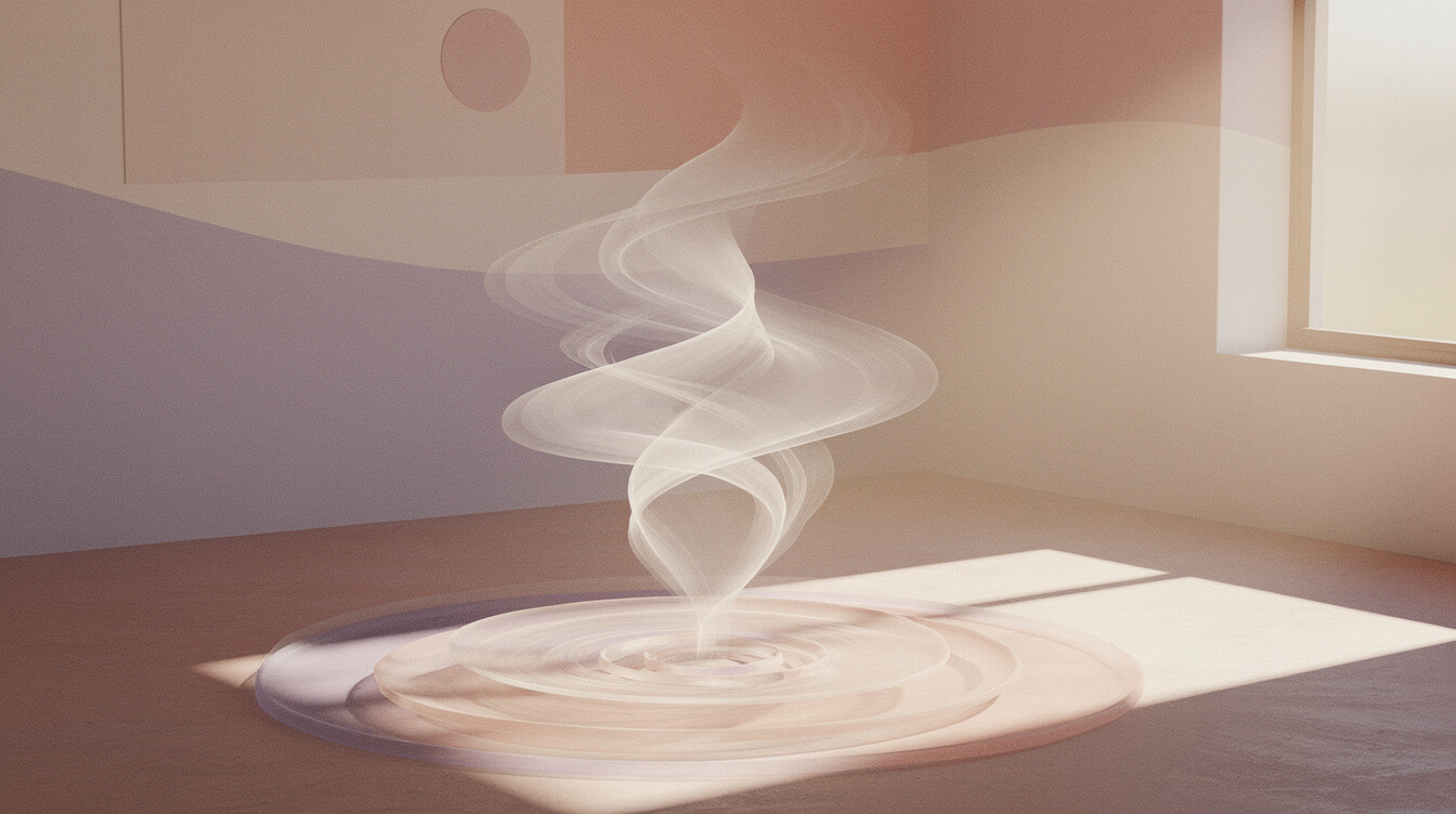 abstract editorial illustration of essential oil aroma swirling through a sunlit room in soft warm pastel tones