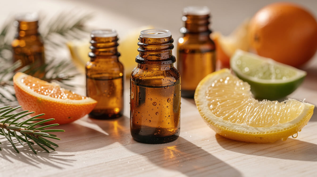 remove smoke smell with essential oils: amber oil bottles beside fresh citrus peels and pine sprigs