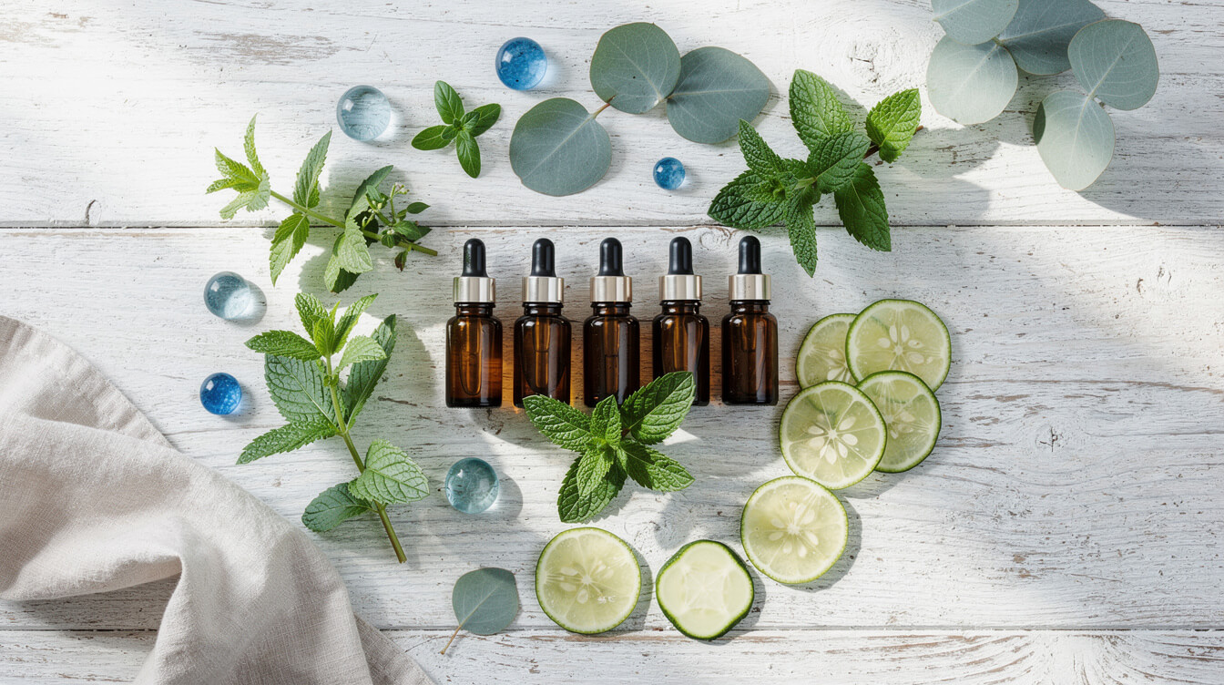 Summer flat lay of peppermint, eucalyptus, cucumber and amber essential oil dropper bottles on weathered white wood