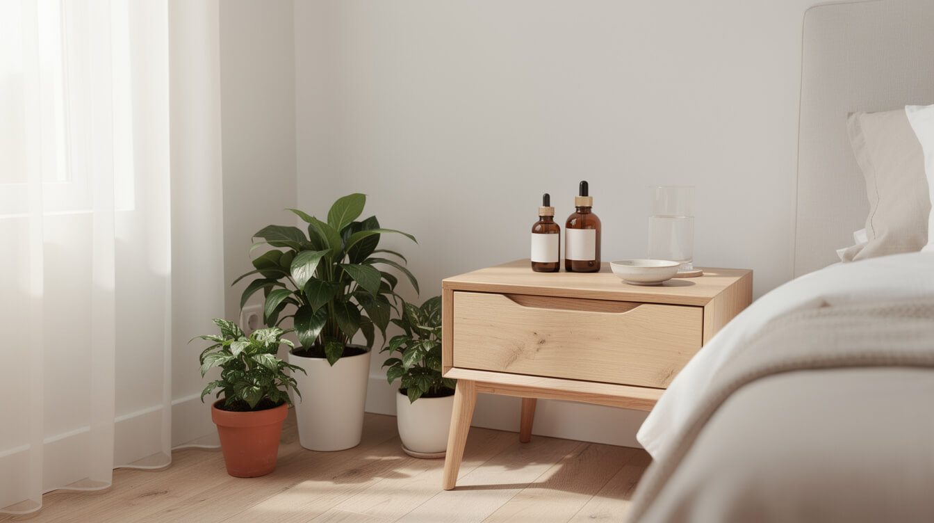 a bright clean bedroom scented by pure diffused essential oils