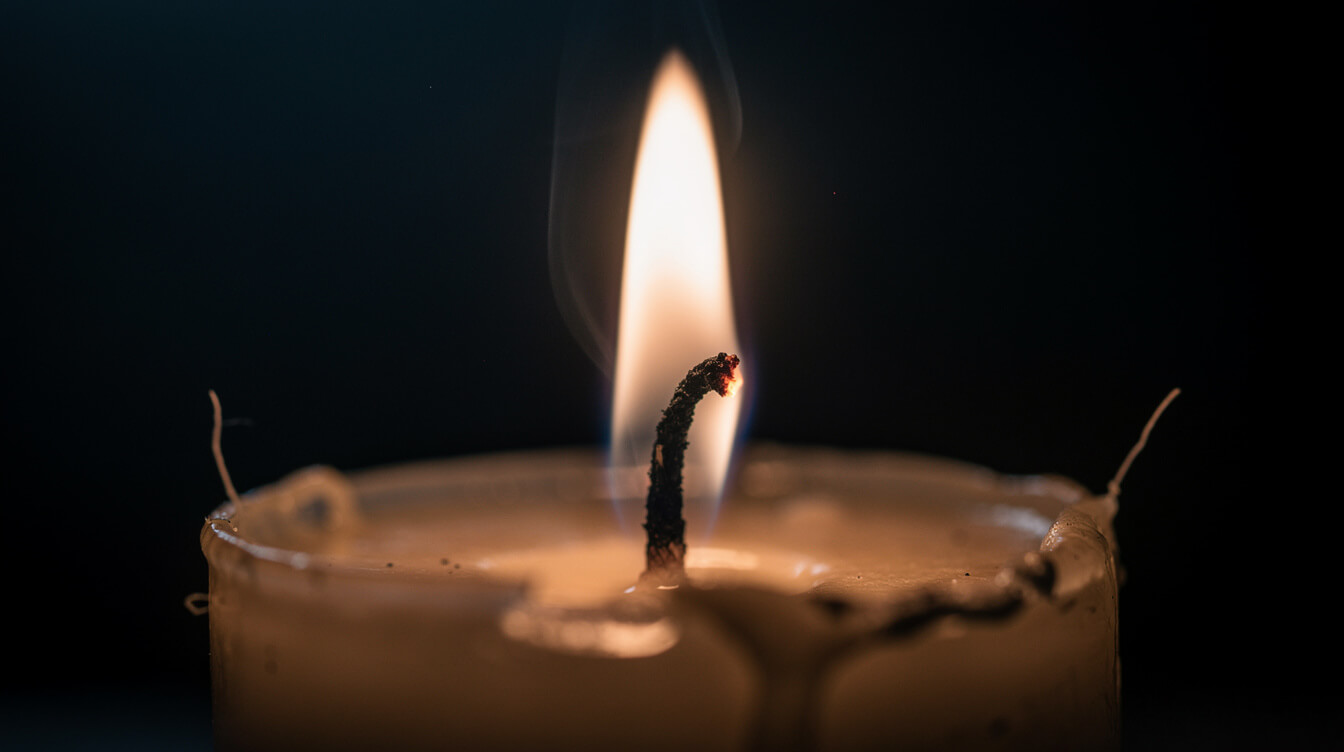 essential oil diffuser vs candle, a candle flame burning with rising soot