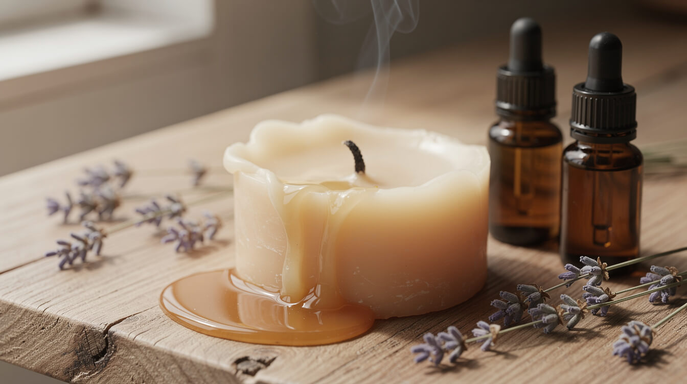 a scented candle melting beside pure essential oil bottles