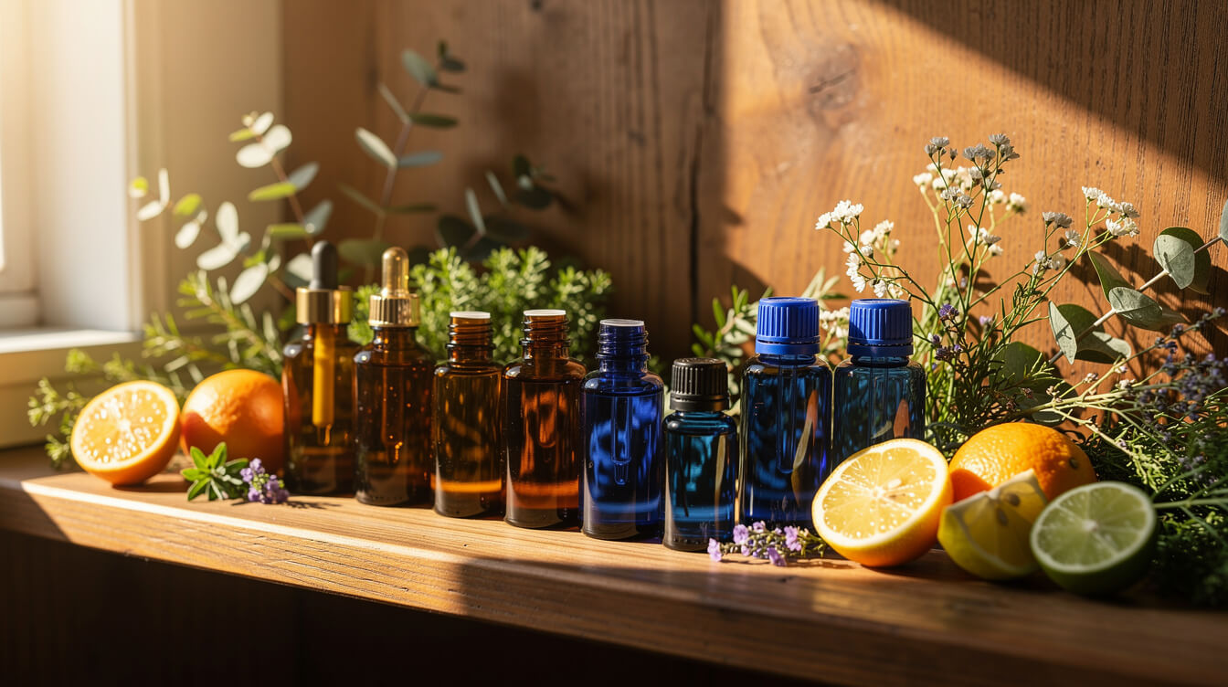 pure fresh essential oils in amber bottles for skin care