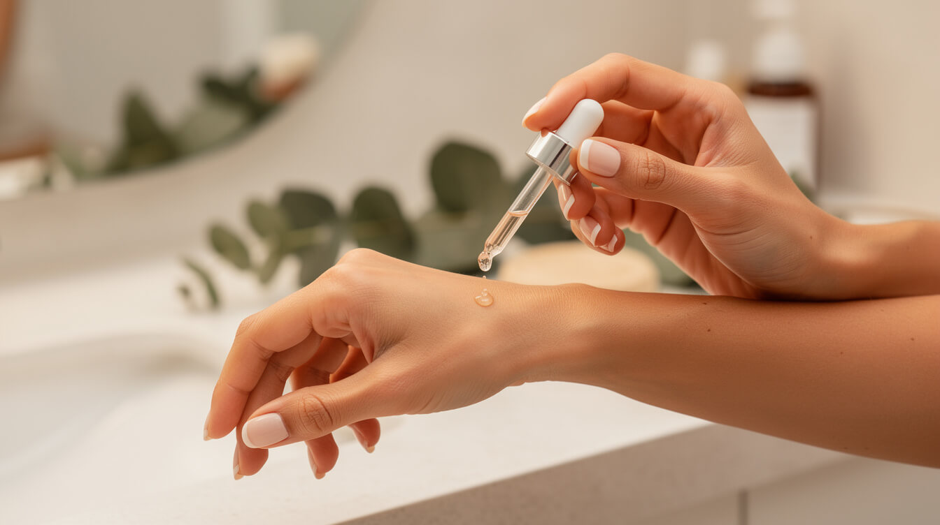 essential oils for skin care applied with a glass dropper